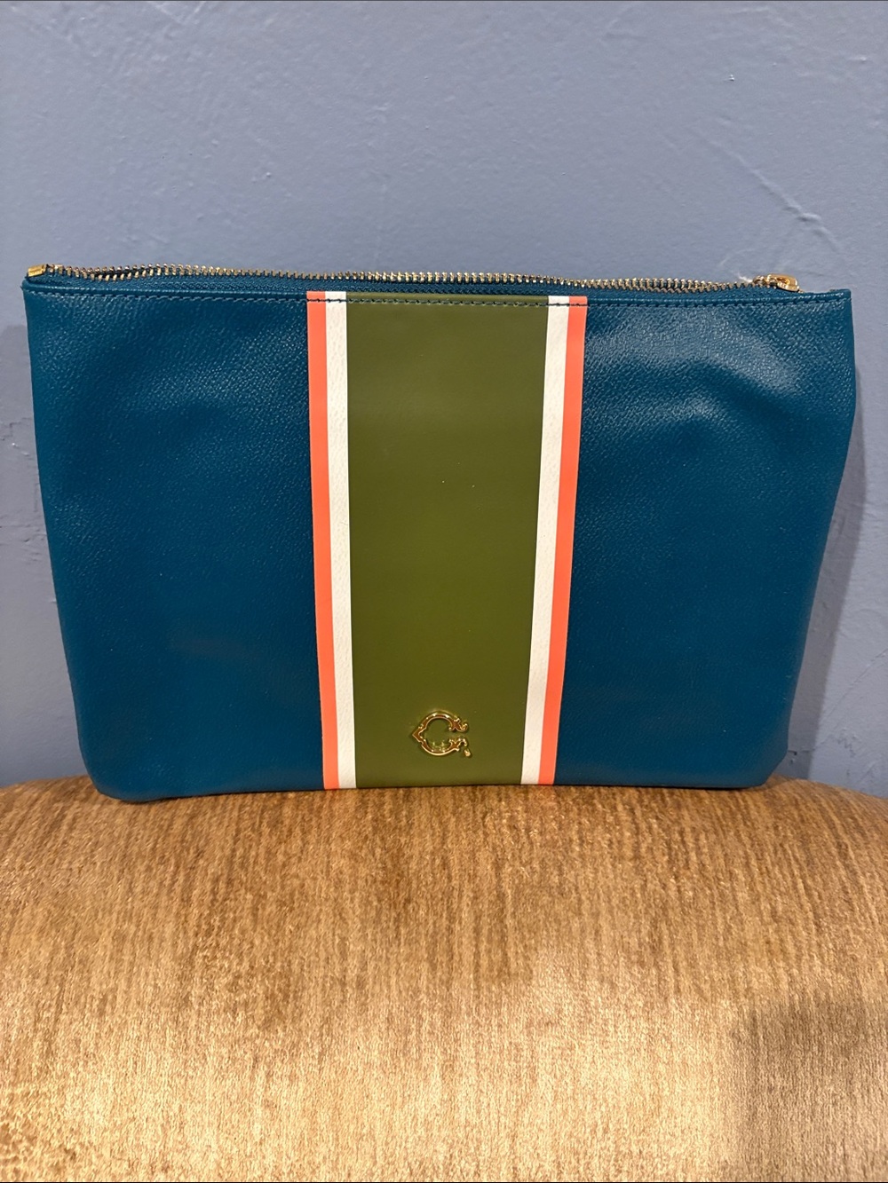 C. Wonder Teal Faux Leather Zip Pouch with Olive Center Stripe and Coral Accents